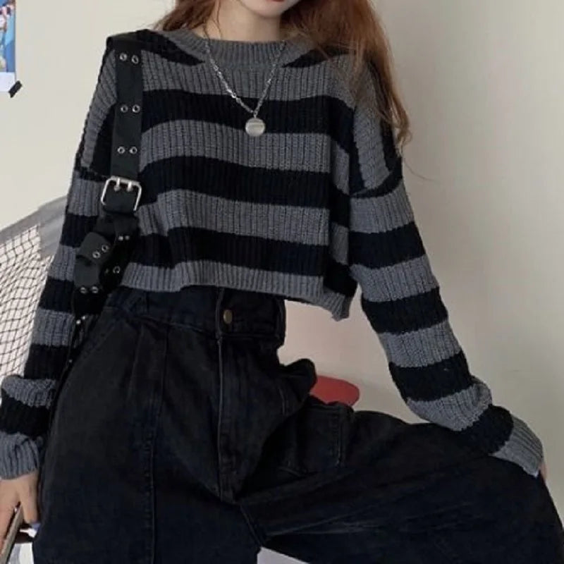 Korean Style Striped Cropped Sweater