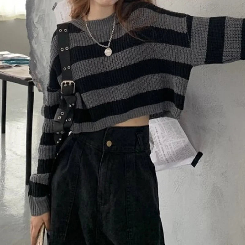 Korean Style Striped Cropped Sweater