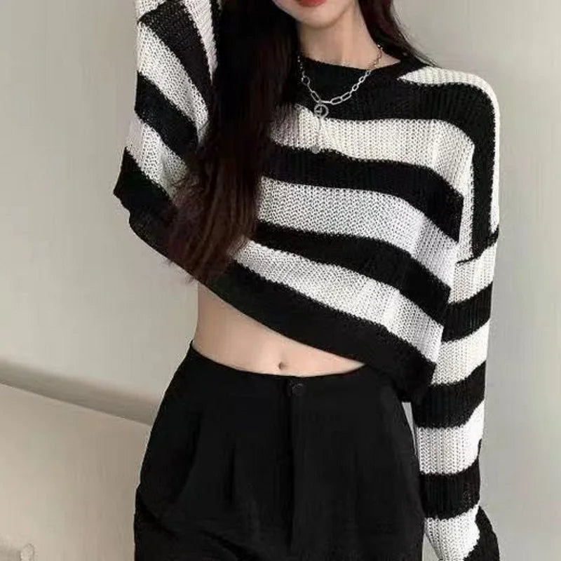 Korean Style Striped Cropped Sweater
