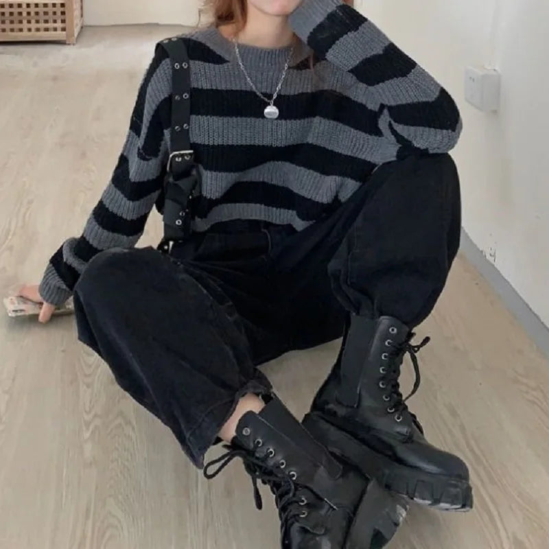 Korean Style Striped Cropped Sweater