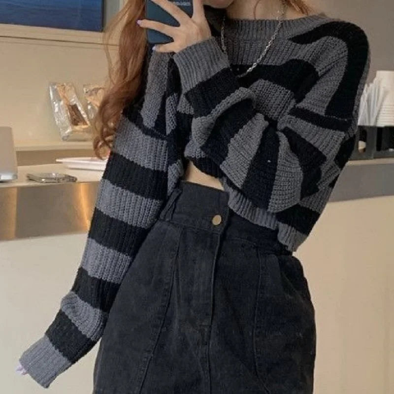 Korean Style Striped Cropped Sweater