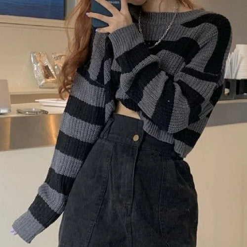 Korean Style Striped Cropped Sweater